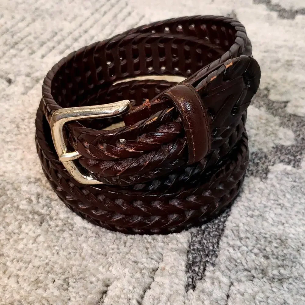 Dockers Men’s Brown Braided Leather Belt Size 40 Silver-Tone Buckle